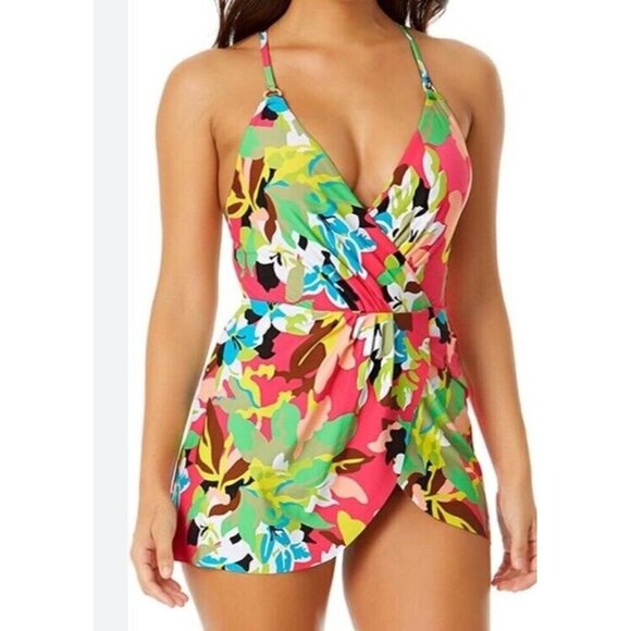 Anne Cole Sz 6 Swimsuit Tropical V-neck Swim dress One-Piece Resortwear Beach - Picture 1 of 6